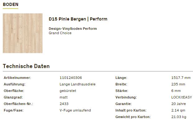 TerHürne Design-Vinylboden Grand Choice PERFORM Art.1101240306 Pinie Bergen 6 mm