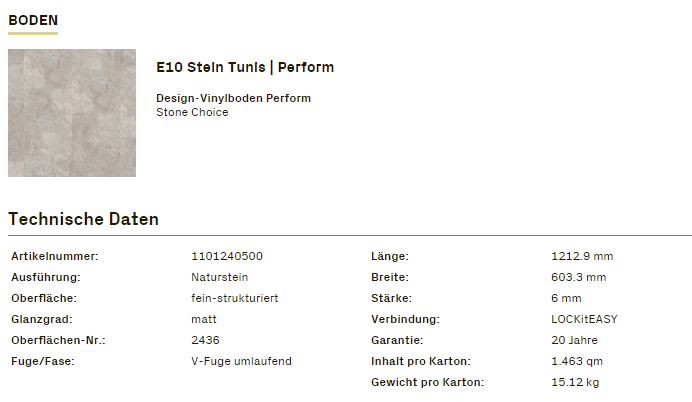 TerHürne Design-Vinylboden Stone Choice PERFORM Art.1101240500 Stein Tunis 6 mm