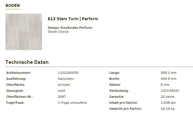 TerHürne Design-Vinylboden Stone Choice PERFORM Art.1101240030 Stein Turin  6 mm