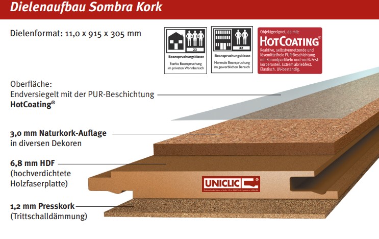 ZIRO Sombra Kork-klick Kork-Fertigfußboden Art. 020951270 Solo Hot Coating 11 mm
